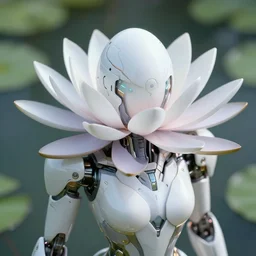 futuristic nymphaea mecha waterlily upper body, sepals forming helmet, floral details, nymphaea, 8 k hd resolution, barbatos gundam with floral inlay, bandai box art, star wars, makoto kobayashi, frank gehry, raymond swanland