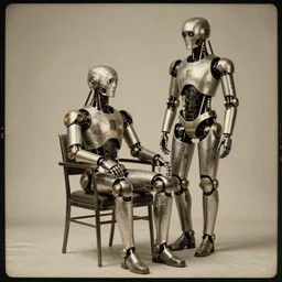 a beautiful ultradetailed fine art old vintage photo of a cyborg sitting on a chair and partner cyborg standing, by tom bagshaw, vignette, 35mm lens, golden ratio composition, studio photography, very detailed, artstation, 8k, highly coherent
