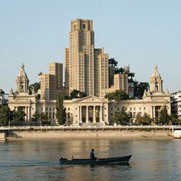 a man on a small boat on a river with fractal city by mandelbrot neoclassical architecture, ancient high buildings, vertical classical temples