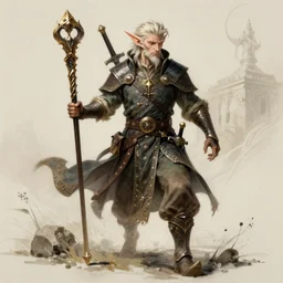 fantasy dungeons and dragons hyper detailed illustration of a running tall mage noble elf, carrying a shod staff and a dagger, realistic fantasy style, detailed background