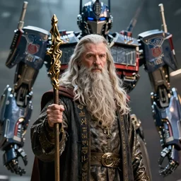 morgan freeman starring as gandalf in lord of the rings, cybertronian, long shot, cinematography by wes anderson, 4 k octane render, intricate detail, photorealistic, cinematic lighting, artstation