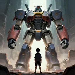 a kid in front of giant robot, megalophobia, digital art, trending on artstation, epic