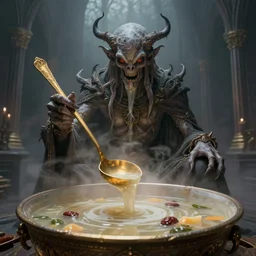 eldritch church of soups soup ceremony performed by a soup aberration sitting in a bowl of soup with a golden ladle in its hand summoning the great soup man, beksinski style, 8 k, dramatic, hyper detail, octane render, artstation trending, soft light, fog
