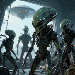 aliens brainsuckers warriors attacking kali near the giant window inside ufo, masterpiece. rendered in blender, ultra realistic, smooth shading, ultra detailed, high resolution, cinematic, unreal 6, perfect face, cyberpunk, fine details, studio lighting, subtle shadows, art by katsuya terada, photorealism, hyper realism, octane render, hyper detailed, canon eos r 3, f / 1. 4, iso 2 0 0, 1 / 1 6 0 s, medium shot, 8 k, raw, unedited, in - frame,