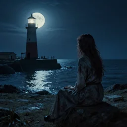 folk horror art style depiction of a woman sitting by a harbour. lighthouse. night full moon. glowing.