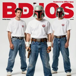 boba fett in white t - shirts, jeans, 9 0's studio photo. magazine cover with text.