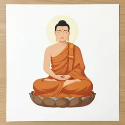 Simplistic illustration of a monk discovering Buddhahood, saul bass, print