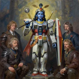 a statue of krishna mecha gundam, tim hildebrandt, wayne barlowe, bruce pennington, donato giancola, trending on artstation, cinematic composition, beautiful lighting, hyper detailed, 8 k, oil on canvas