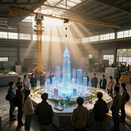 crane shot of large group people in warehouse interior, looking at hologram of futuristic city on a table, cinematic still, godrays, golden hour, natural sunlight, 4 k, clear details, tabletop model buildings, tabletop model, ethereal hologram center, crane shot, crane shot, rule of thirds, people, people