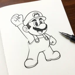 continuous single line contour - drawing of supermario, pen on white paper