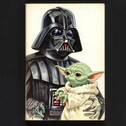a romance novel cover from 1 9 8 3, paperback, drawing, darth vader and yoda on the cover, romantic