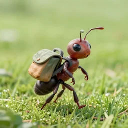 an anthropomorphic ant wearing a backpack, walking through a green pasture