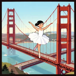a one quarter chinese three - quarter caucasian mixed race five - year - old girl, dressed as a ballerina, balancing on the golden gate bridge, wide shot, highly coherent, saga comic, fiona staples graphic novel