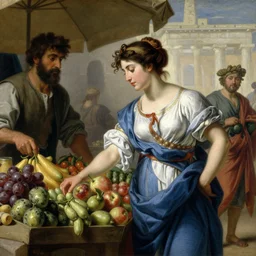 a detailed portrait of a woman at an ancient greek marketplace buying fruit from a merchant, painting by gaston bussiere, craig mullins, j. c. leyendecker