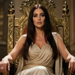 Monica Bellucci as a Goddess sitting on a throne, up close