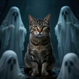 a cat in a world full of ghosts, professional photo, professional lighting, trending on artstation, hdr, by albert bierstadt, well detailed, horror in the style of stephen king, dark, mysterious, sinister