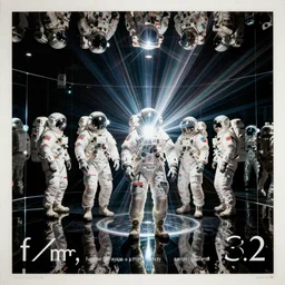 astronauts in dark and empty mirrored room - complex and hyperdetailed technical suit. reflection and dispersion materials. rays and dispersion of light. volumetric light. 5 0 mm, f / 3 2. noise film photo. flash photography. ultra realistic, wide angle. poster by wayne barlowe, hajime sorayama aaron horkey, craig mullins