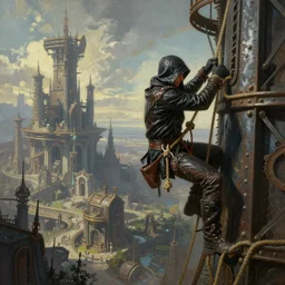 landscape painting of a hooded thief in leathers using a rope to climb a tall metal steampunk buildings with a fantasy city, fine details, magali villeneuve, artgerm, rutkowski