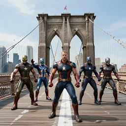 a wide angle action shot of avengers defending brooklyn bridge from alien invasion, in the style of marvel comics, graphic novel