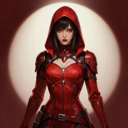 female assassin girl, everything red, beautiful face, rule of thirds, intricate outfit, spotlight, by greg rutkowski, by jeremy mann, digital painting
