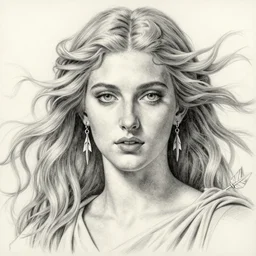 pencil drawing of beautiful greek goddess aphrodite with arrowhead jewelry, beautiful piercing eyes, beautiful blonde hair flying in the wind, hyper realistic face, in the style of greg rutkowski, fantasy, amazing detail, epic, elegant, smooth, sharp focus, from the front