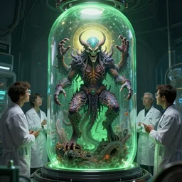 scientists watching a clone of cthulhu in culture capsule, bio chemical illustration, hyperealistic, detailed photography, divinity, awful, religious art, sci - fi, green light