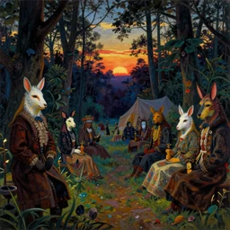 autochrome of a midsummernight's dream renaissance forest festival at sunset with animal masks in the style of maxfield parrish and jeffrey jones