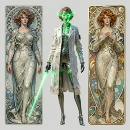 a full body character design by artgerm, cushart krenz, greg rutkowski and alphonse mucha. mad scientist woman lab coat!! green plasma laser!! face sharp edges. ultra clear detailed. 8 k. ultra detailed, elegant, intricate, octane render.