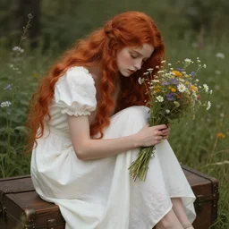a beautiful red haired melancholic girl in white dress sitting on wooden trunk in a garden holding a bunch of wild flowers, beautifull face, deep focus, d & d, fantasy, intricate, elegant, highly detailed, digital painting, artstation, concept art, matte, sharp focus, illustration, octane render, hearthstone, well rendered, art by artgerm and greg rutkowski and alphonse mucha