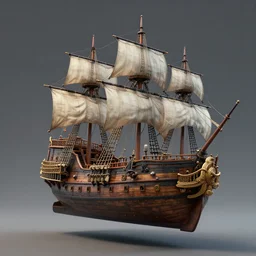 a single highly detailed 4 k fantasy matte painting of. historically accurate. 3 d model of pirate ship. flying like a plane. floating