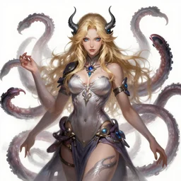 kali is a goddess, she has blonde hair and blue eyes, and has the ability to form tentacles. 8 k fantasy art, highly detailed and intricate illustration