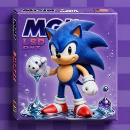 surreal, sharp, detailed professional, high quality airbrush art MGMT album cover of a liquid dissolving LSD DMT sonic the hedgehog, purple checkerboard background, 1990s 1992 Sega Genesis video game box art Sonic