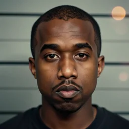 mugshot of the face of old kanye west at 6 9 years old, in the future. cinematic lighting, ray tracing, octane render, long lens, shallow depth of field, bokeh, anamorphic lens flare, 8 k, hyper detailed, 3 5 mm film grain