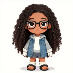 a very beautiful girl with # e 0 a 3 7 a skin color, long, curly hair, stylistic oval black eyes, half - frame square glasses, grey hoodie opened, white t - shirt, white gloves, denim jacket, birkenstock sandals, cartoon style, character art, cute, digital art, trending on artstation