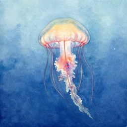 a watercolor painting of a beautiful jellyfish underwater, in the style of joseph zbukvic