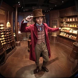 grainy security cam footage still of Willy Wonka in his Chocolate Factory, extreme wide angle