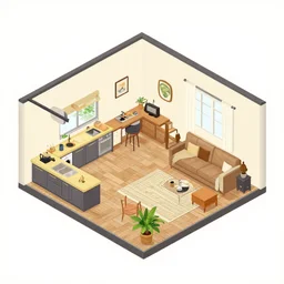 isometric view of a kitchen and open plan living room inside a house