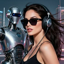 closeup beautiful retro space megan fox varga girl wearing headphones and sunglasses, posing beside a metropolis chrome robot in diesel punk city, windblown dark hair, seductive, hyper detailed, digital art, studio lighting, smooth, ambient volumetric lighting, sharp focus, gil elvgren, anna dittmann alberto vargas, 1 9 5 0, when mars attacks