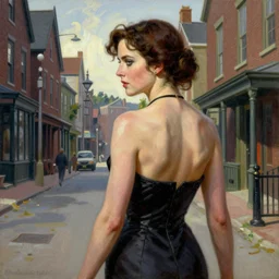 back view of kate beckinsale as investigiator walking down street in arkham town, female, detailed face, gorgeous, amazing, new england architecture, 1920 style, intricate, highly detailed, musculine, lovecraft illustration, painting by Gaston Bussiere, Craig Mullins