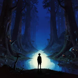silhouette of a boy in a hilly dark sci - fi fantasy redwood forest overgrown with alien technology with ponds at dusk. perspective landscape fantasy science fiction. high contrast, strong shadows. deep colorful soft gradients, rich blue tones, dark background. by norman rockwell, eyvind earle, and moebius. sci - fi artstation