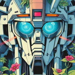 risograph grainy painting of gigantic huge evangelion - like gundam mech face with huge earrings and glasses with a lot of details and lasers, covered with plants, by moebius and dirk dzimirsky and satisho kon, close - up wide portrait