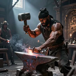 a muscular dwarf blacksmith in blacksmith clothes swinging hammer down forging a sword on an iron anvil by greg rutkowski, archvillain, titanforge, blizzard, hearthstone, greg rutkowski, craig mullins, jeff easley, mtg, wotc