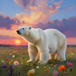a polar bear, surreal photography, flower field, sunset dramatic light, impressionist painting, colorful clouds, blue sky, digital painting, artstation, simon stalenhag