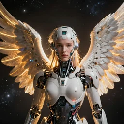 a beautiful ultradetailed fine art photo of a cybernetic cyborg angel set against galactic space, by tom bagshaw and natalie shau, portrait, soft backlighting, cybernetic implants on the face, 5 0 mm lens, golden ratio composition, detailed faces, studio lighting, very detailed, mechanical robot neon wings, artstation, 8 k, highly coherent
