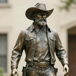a 4 k photorealistic photo medium shot of a bronze statue of a man with a beard wearing a cowboy hate.