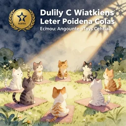 watercolor illustration style, cute cats making yoga in class