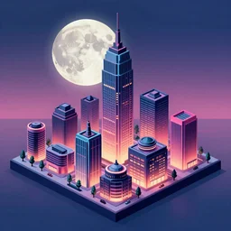 an immaculate isometric cinematic keyframe matte painting of a sleek 1 9 7 0 s vaporwave rust belt city at dusk with an oversized moon. by eric lafforgue, glennray tutor and edward hopper, greg rutkowski. trending on artstation.