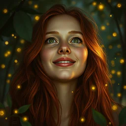 infp young woman, smiling amazed, golden fireflies lights, amidst of nature fully covered, long red hair, intricate linework, accurate green eyes, small nose with freckles, oval shape face, realistic, expressive emotions, dramatic lights mystical scene, hyper realistic ultrafine art by artemisia gentileschi, caravaggio, jessica rossier, boris vallejo