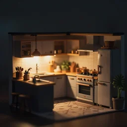 lights off, extreme dof, miniature, dark tones, kitchen