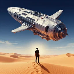 мan standing on the sand dune, space ship far from viewer, sci - fi, gigantic, saturated colours, work by amir zand, by feng zhu and andreas rocha, featured on artstation, sharp edges, artstationhq, cgsociety, cinematic 8 k